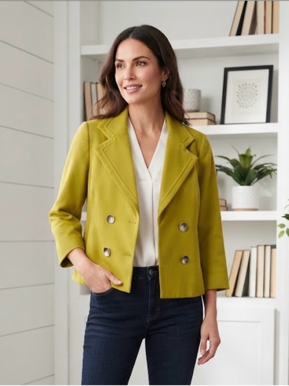 New York & Company Olive Yellow Double Breasted Cropped Blazer Small